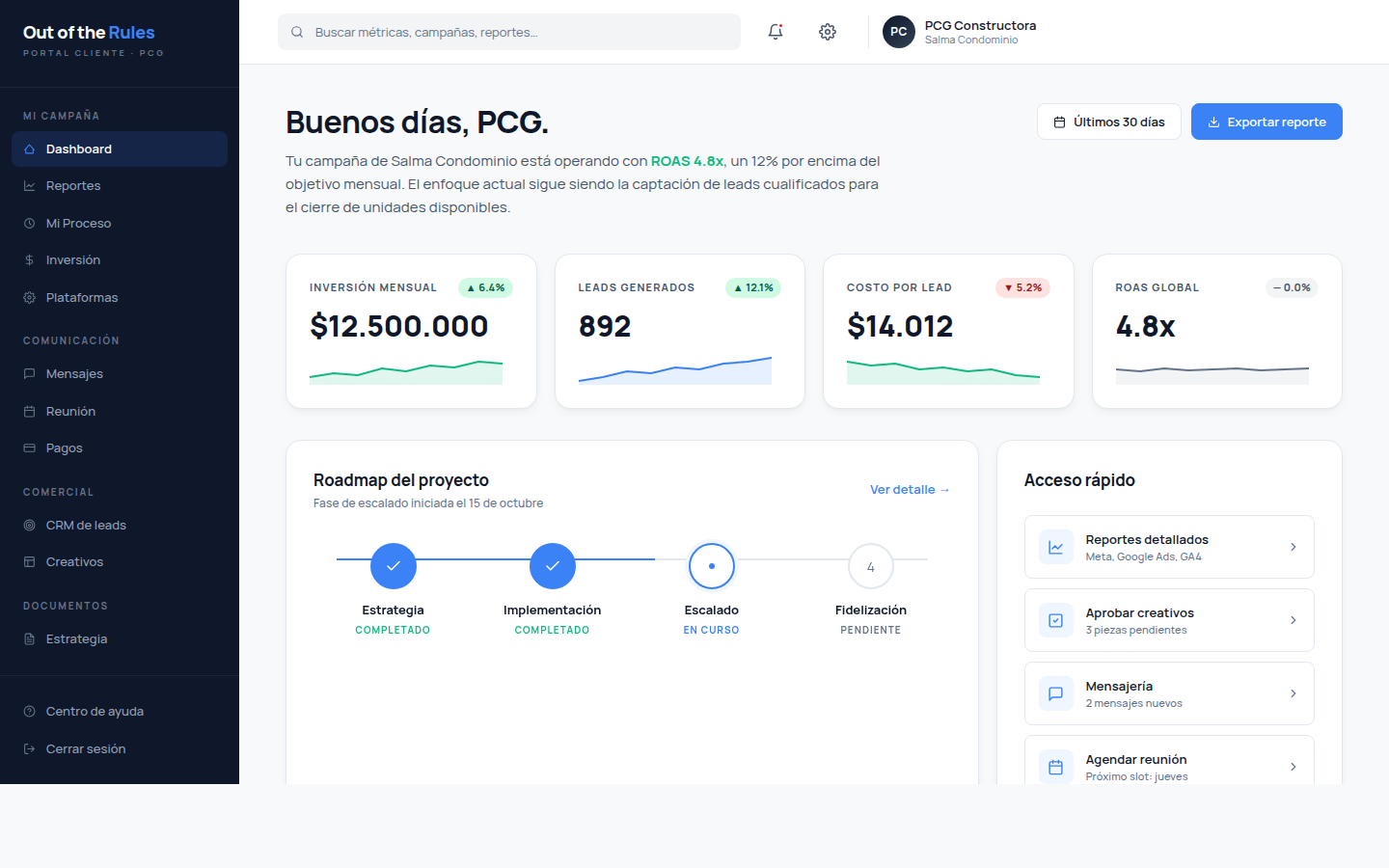 Dashboard del portal cliente de Out of the Rules · Reportes en tiempo real con métricas de Meta Ads, Google Ads y GA4
